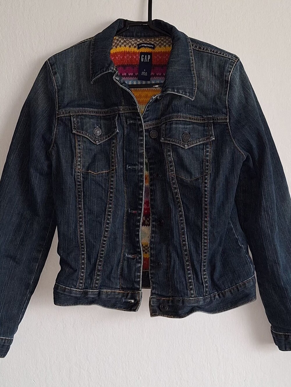 GAP Denim Trucker Jacket NWOT Dark Wash Fair Isle Lining Holiday 2003 Sz S Y2K - Picture 3 of 3